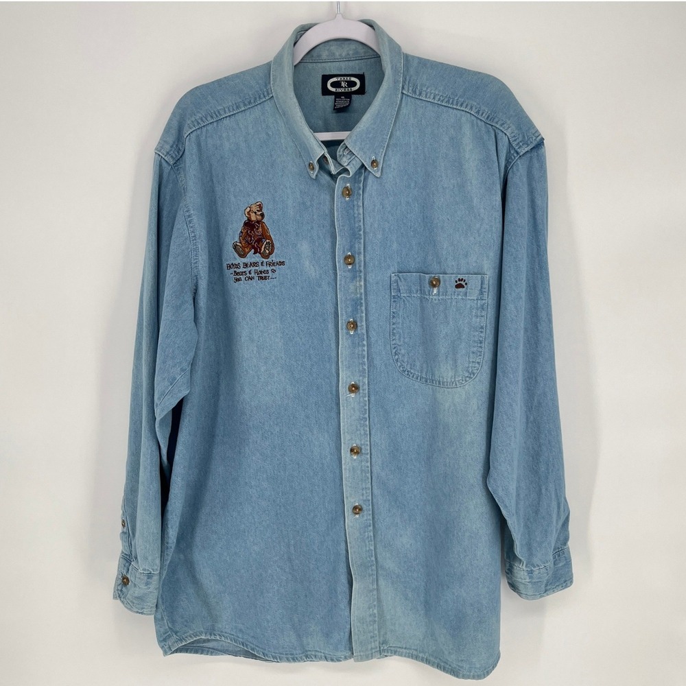 Vintage Teddy Bear Embroidered Denim Shirt XL Oversized 90s Cottagecore - Picture 2 of 8